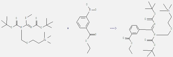3-Ethoxycarbonylphenylboronic acid can react with C18H36N2O5SSi to get 3-{tert-butoxycarbonylimino-[tert-butoxycarbonyl-(2-trimethylsilanyl-ethoxymethyl)-amino]-methyl}-benzoic acid ethyl ester
